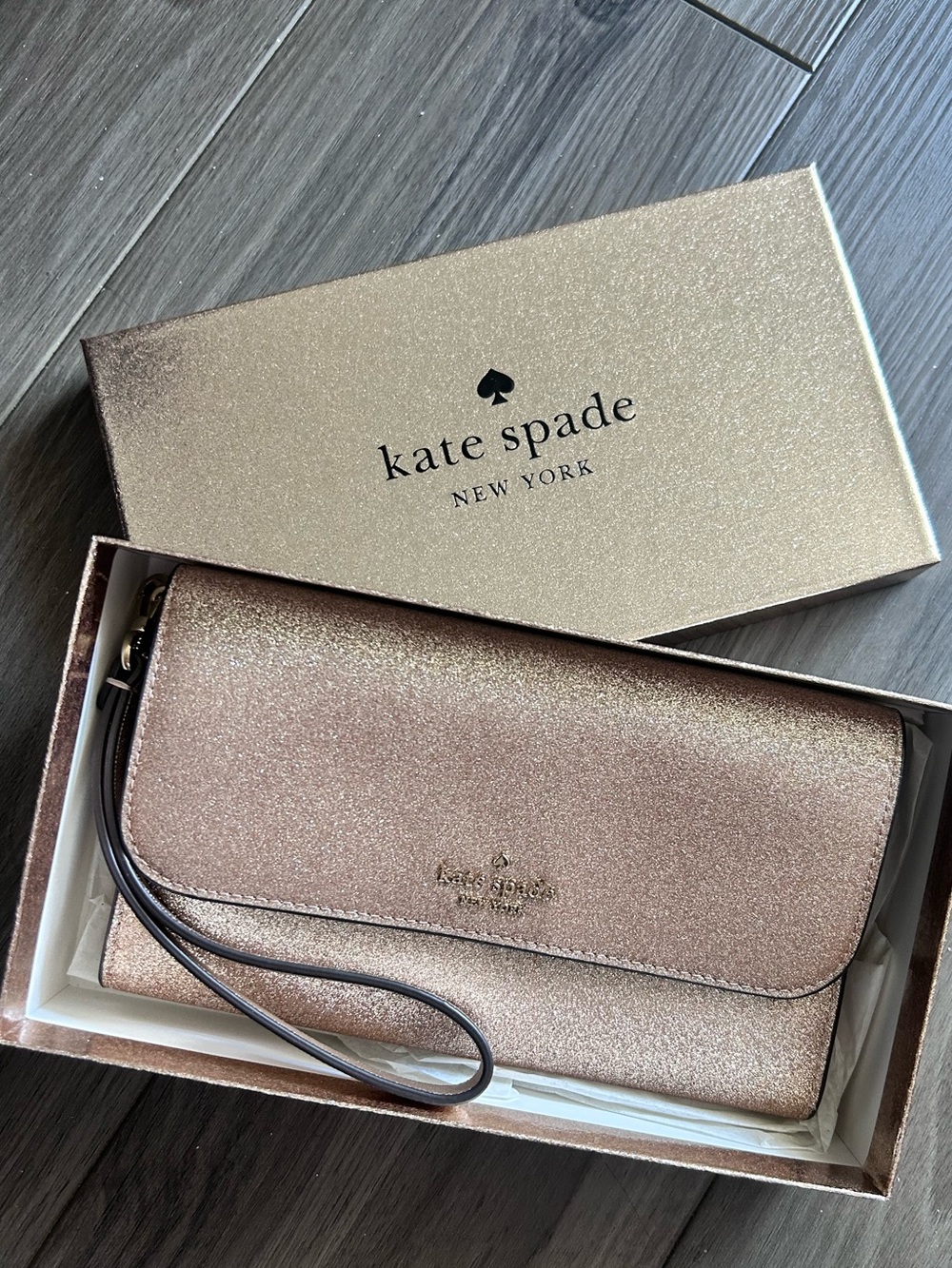 Kate Spade Metallic Gold Glitter Wristlet Phone Wallet Clutch Designer